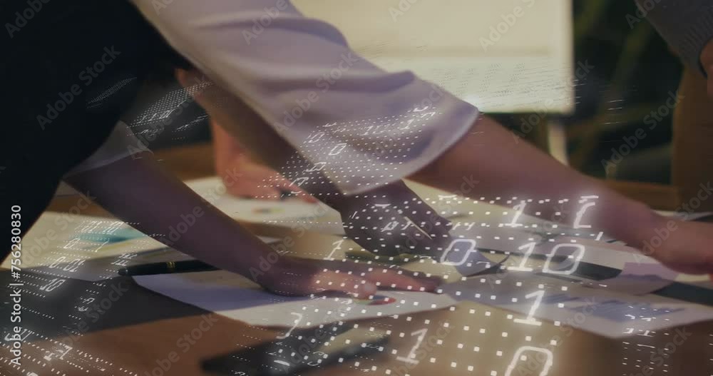 Poster animation of binary coding over diverse colleagues discussing project