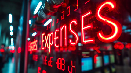 Expenses text prominently featured in bold white font against a dynamic backdrop of red arrows pointing upwards indicating rising costs and financial management concepts - obrazy, fototapety, plakaty
