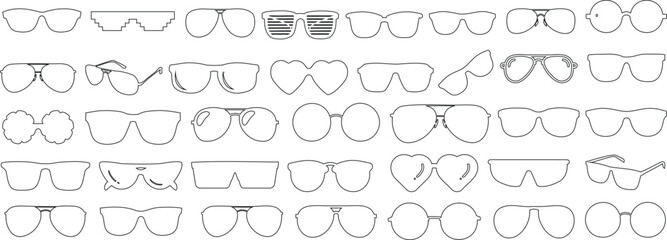 Fototapeta premium Sunglasses, eyewear collection, black silhouettes, white background. Fashion, style, accessory. Optical, summer protection, trendy designs. Aviators, wayfarers, round glasses. Classic, modern styles