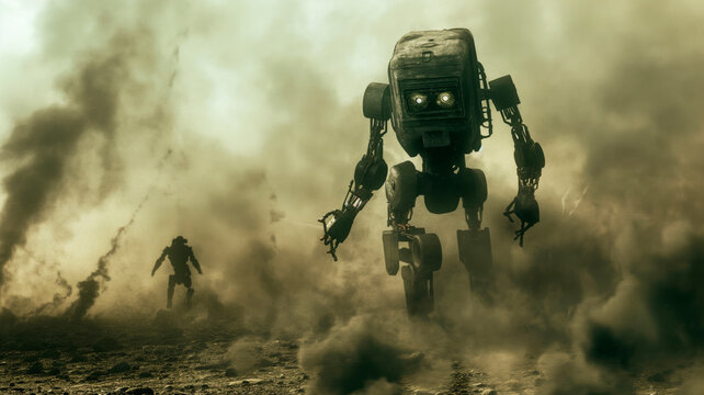 military robot army destroys los angeles, smoke, dust, explosions, dirt, dystopian atmospheric photography --ar 16:9 Job ID: b44b9871-4f27-4e49-91f5-1333a21c8ee0