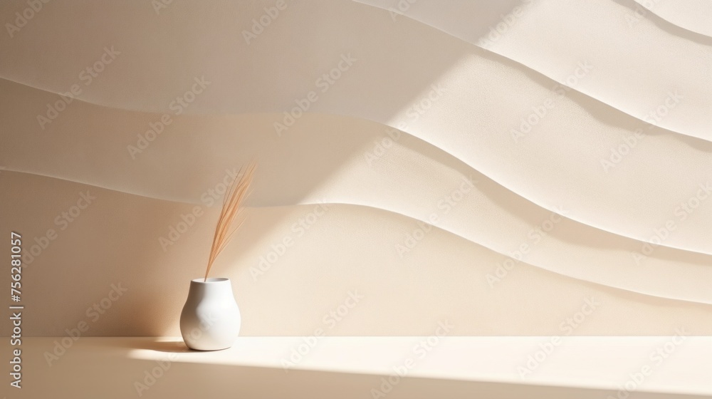 Aufkleber Horizontal Minimalistic delicate light beige Interior with a vase, background for product presentation with light and intricate shadow from the window on the wall with a wavy pattern, copy space.