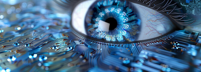 Hyperrealistic Blue Human Eye with Chips and Computers Surrounding: Highly Detailed