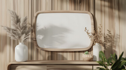 Oval shape mockup photo frame wooden border, on bookcase in modern living room, 3d render