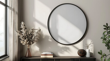 Oval shape mockup photo frame glass border, on bookcase in modern living room, 3d render