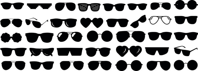 Sunglasses, eyewear collection, black silhouettes, white background. Fashion, style, accessory. Optical, summer protection, trendy designs. Aviators, wayfarers, round glasses. Classic, modern styles