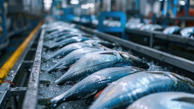 Raw sea fish on a factory conveyor belt modern food industry Fish processing factory.