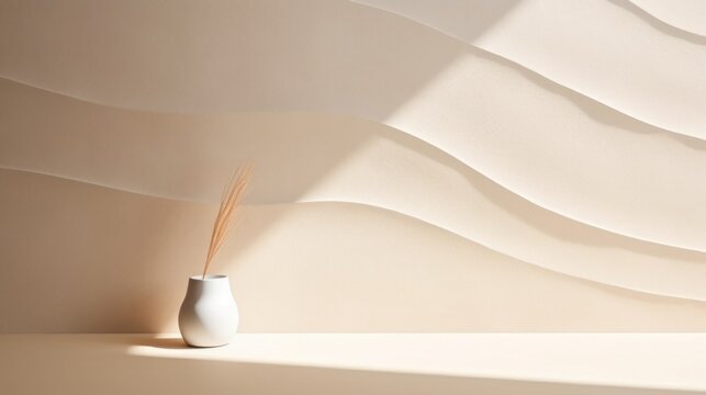 Horizontal Minimalistic delicate light beige Interior with a vase, background for product presentation with light and intricate shadow from the window on the wall with a wavy pattern, copy space.