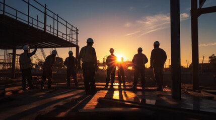 Silhouettes of a group of male engineers wearing hard hats and engineering uniforms Construction project management sunset - obrazy, fototapety, plakaty