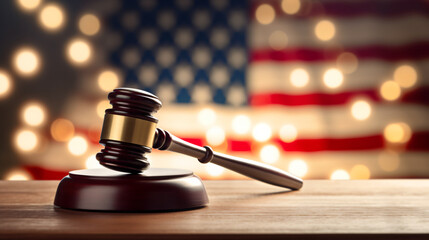 Judges wooden gavel with bokeh flag in the background