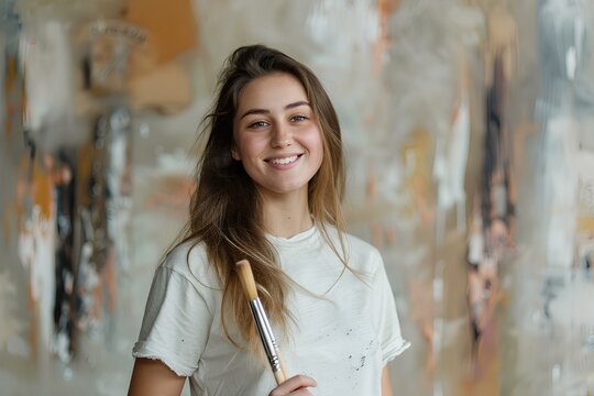 A smiling woman with long hair in a t-shirt and holding painting brush, with a minimalistic aesthetic and neutral color palette against a art studio background with soft lighting. generative AI