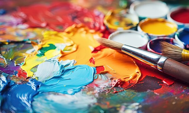 a close up of paint and a brush on a table