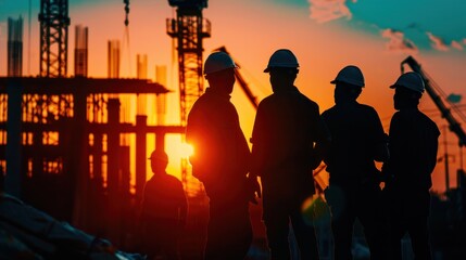 Fototapeta premium Silhouettes of a group of male engineers wearing hard hats and engineering uniforms Construction project management sunset