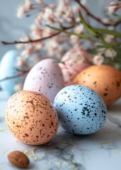 Naklejka na ściany i meble Easter decoration colorful eggs on white background with copy space. Beautiful colorful easter eggs. Happy Easter. Isolated.