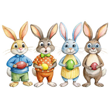 Group of bunnies with Easter eggs attire - Watercolor painted bunnies all dressed up and holding Easter eggs, portraying tradition and celebration