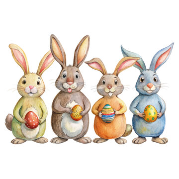 Cheerful bunnies with festive Easter eggs - A charming array of bunnies each holding a uniquely decorated Easter egg expressing the joy of the season