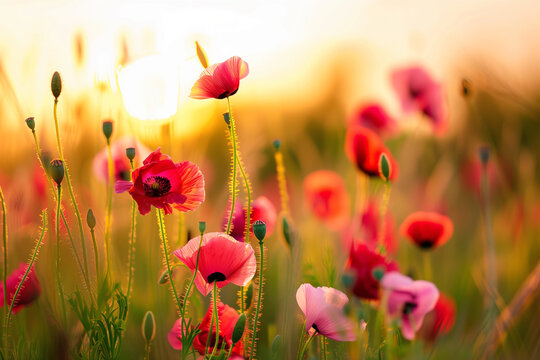 Close-Up Macro of Colorful Papaver Rhoeas Flowers in Meadow at Sunset: Selective Focus and Shallow Depth of Field

