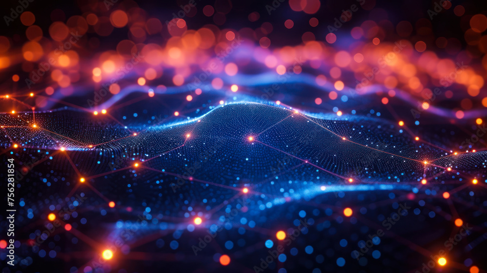 Poster abstract network connection with nodes and bright links on dark background, concept of digital techn