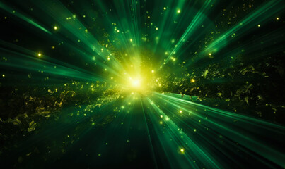 Fototapeta na wymiar Radiant green light beams radiating from a single luminous point with particles, depicting energy, vitality, or a mystical celestial event in space