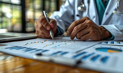 A healthcare professional examines detailed medical statistics on paper enhanced with digital data visualization, signifying modern medical analysis