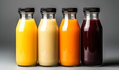 Four assorted fresh fruit juices in glass bottles with black caps on a neutral background, representing healthy dietary choices and natural beverages