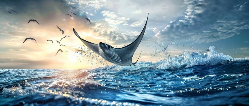 Mobula ray soaring from the ocean into the sky captured in a breathtaking