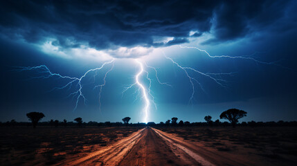 Lightning splits the sky and strikes the ground.