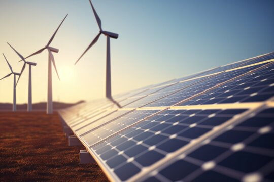 Solar panels, turbines, high voltage poles Renewable energy concept