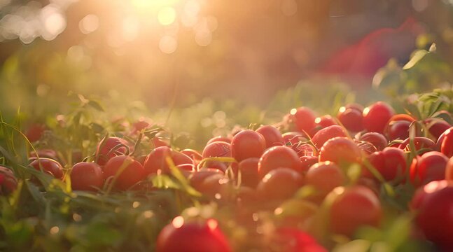 Fresh Tomatoes on Vine in Sunset Light with AI generated.
