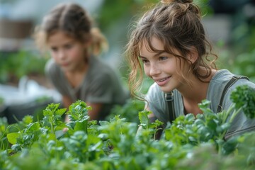 Two Young Girls Observing Plants in a Garden