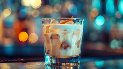 White Russian cocktail on night club background. Glass of alcoholic drink - obrazy, fototapety, plakaty