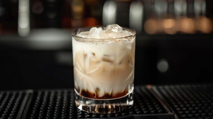 White Russian cocktail on bar background. Glass of alcoholic drink - obrazy, fototapety, plakaty