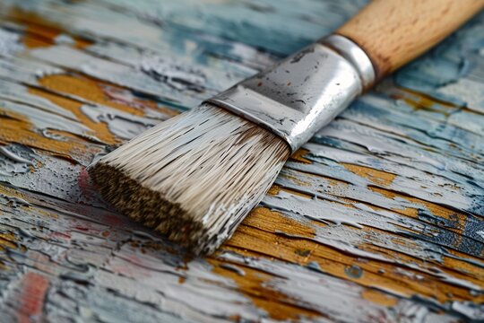 Renovating furniture with a grey paint and brush for a home improvement project.