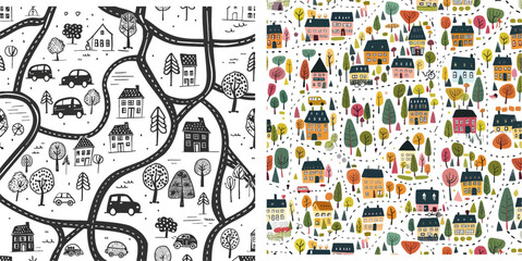 Minimalist houses, trees and cars, simple hand drawn streets vector background illustration