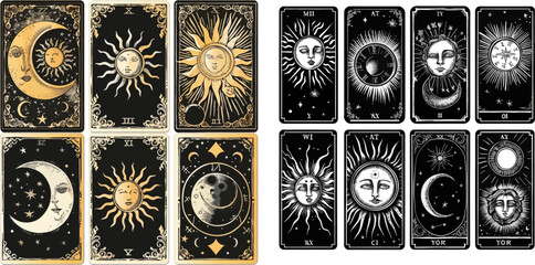 Magical esoteric tarot cards. Magic spiritual card, astronomy tarot card, sketch vintage - obrazy, fototapety, plakaty