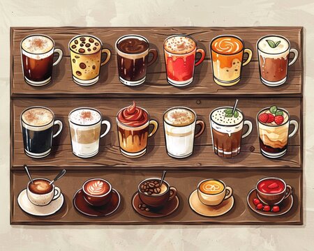 Banner template with a board displaying an array of coffee drink illustrations.