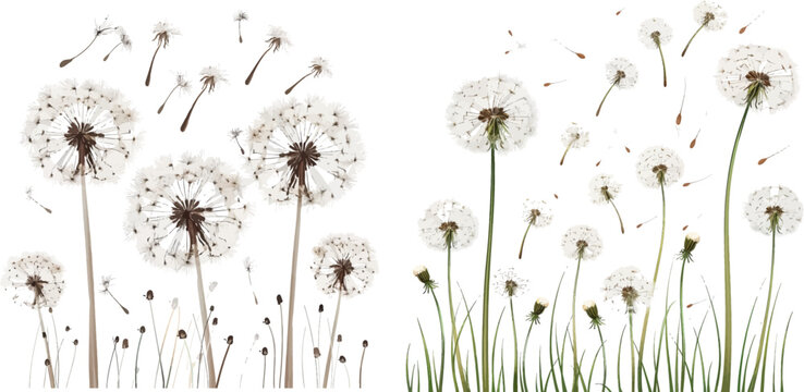 Decorative blooming dandelions with fluffy flying seeds vector illustration