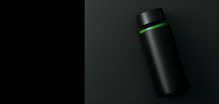 Supplement pill bottle product image with black and green minimal design