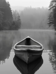 Empty boat in the middle of a lake at dawn during fog