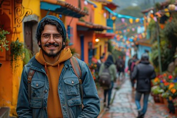 Obraz premium Man Standing in Front of Colorful Building