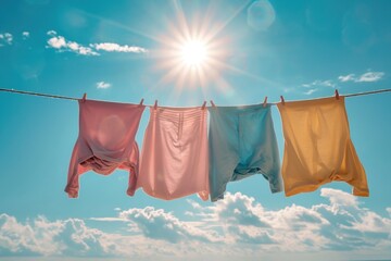 A pastel array of clothes drying on a clothesline, gently swaying in the breeze under the warm glow of a setting sun.
