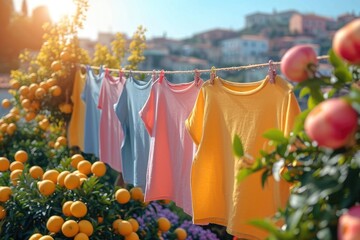 On a sunny day in a suburban backyard, brightly colored T-shirts hang on a clothesline strung between citrus trees.