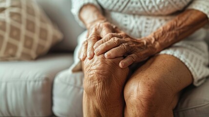 Elderly woman with knee joint pain - obrazy, fototapety, plakaty