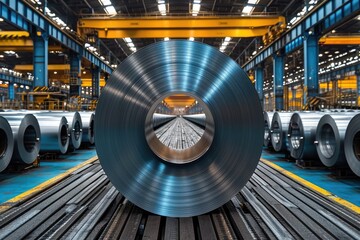 Fototapeta premium Gleaming Steel Coils Poised for Industrial Mastery in a Modern Manufacturing Plant.