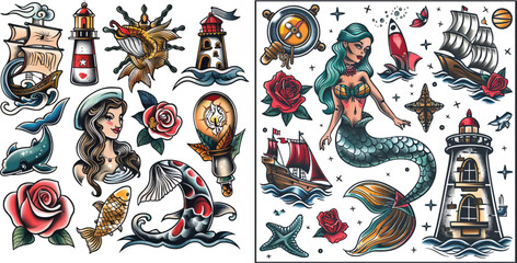 Sailor tattoo designs. Old school tattooing style, american traditional color tattoos with bold black outlines