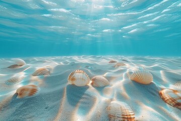 Fototapeta na wymiar Light blue sea floor with scattered shells and smooth sands.