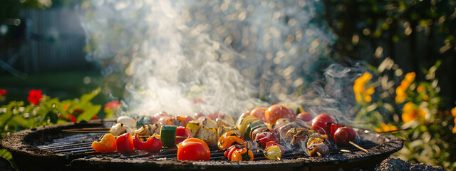 vegetables on the grill in the garden close-up - obrazy, fototapety, plakaty