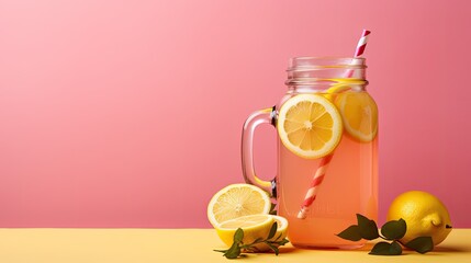 Fototapeta premium Cold lemonade on pink. Generative AI