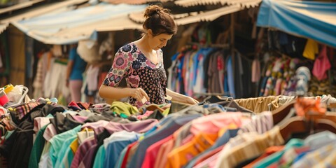 Obraz premium Female browsing garments at a secondhand market.