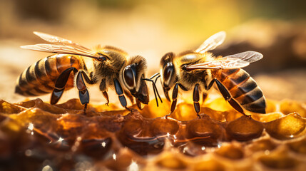 Macro shot of bees collecting honey - obrazy, fototapety, plakaty