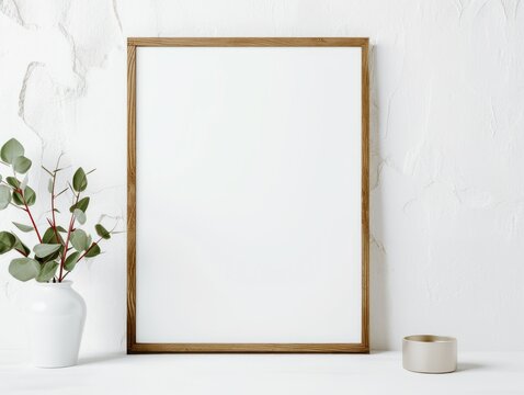 white this wooden picture frame on a white wall with a green plant, mockup, template